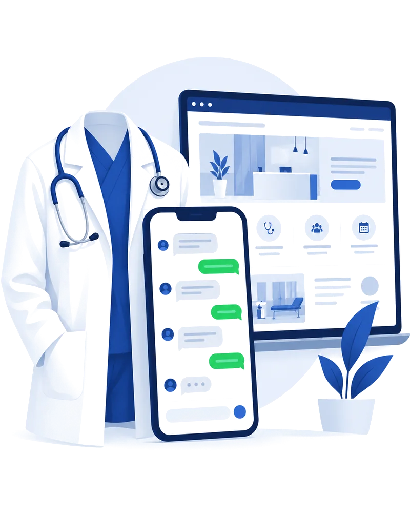 Jaleco de médico ao lado de um celular com conversa no WhatsApp e de um site de consultório